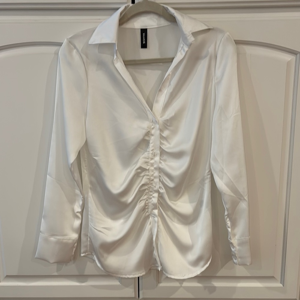 White Ruched Long Sleeve Button Down Shirt
